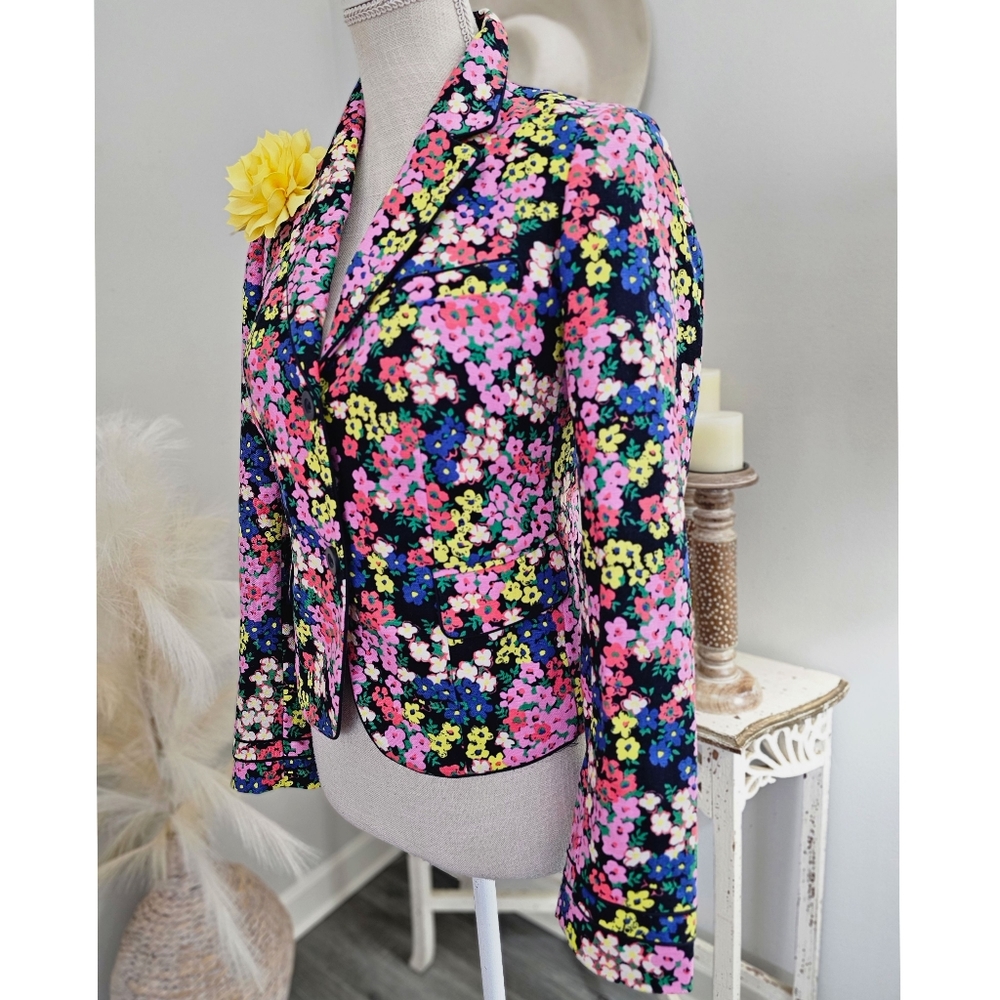 Boden Multicolored Floral Black Piping  Details Cotton Linen Blend Fitted Blazer